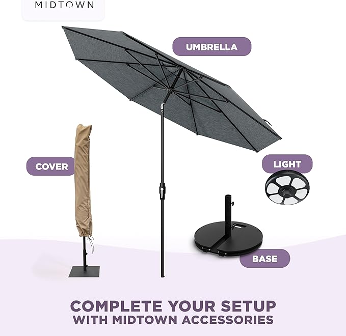 Midtown Umbrellas – The Swilt 9 Ft Patio Umbrella with 360° Swivel & Tilt Mechanism, Sunbrella Fabric & 8 Fiberglass Ribs – Outdoor Umbrella for Deck, Pool & Cafes – Cast Slate Canopy, Black Pole