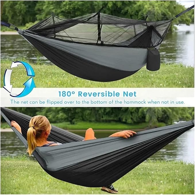 Hammock Camping Hammock with Net, Lightweight Portable Double Parachute Hammocks, High Capacity & Tear Resistance for Backyard,Hiking Camping Essentials (Color : Gray and blue-6loops)