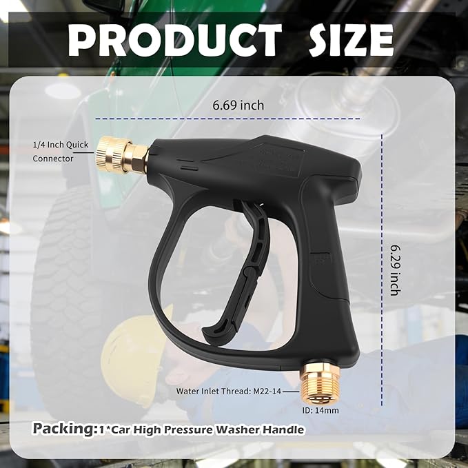 Car Short Pressure Washer Gun,4350 PSI Max High-Pressure Car Wash Gun | Portable, Safety Lock, M22-14 Thread, 1/4" Outlet Quick Connect, 4350 PSI Max