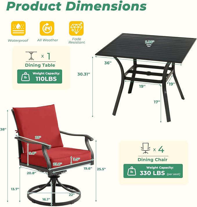 LVUYOYO 5-Piece Outdoor Patio Dining Set, Metal Swivel Chairs & Square Table Set, All-Weather Furniture for Backyard, Garden,Balcony,Porch (Red)