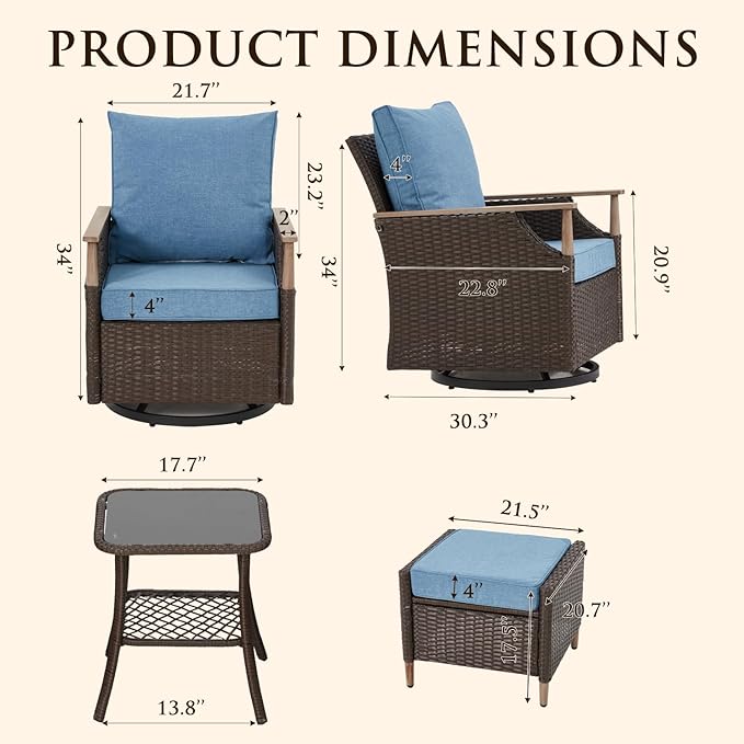 MELLCOM Patio Swivel Glider Rocker Chairs Set Wicker 5 Piece Patio Furniture Set Rocking Bistro Set with Tempered Glass Side Table and 2 Ottoman, for Backyard Garden Patio Porch (Blue, 5pcs)