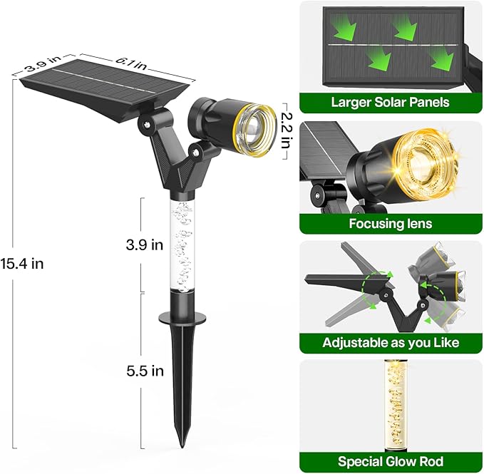 Solar Lights Outdoor Waterproof Spot Lights, 2 Pack Solar Powered Garden Spotlights for Outside Yard Pathway House Landscape Lighting, Auto On/Off, 3000K Warm White
