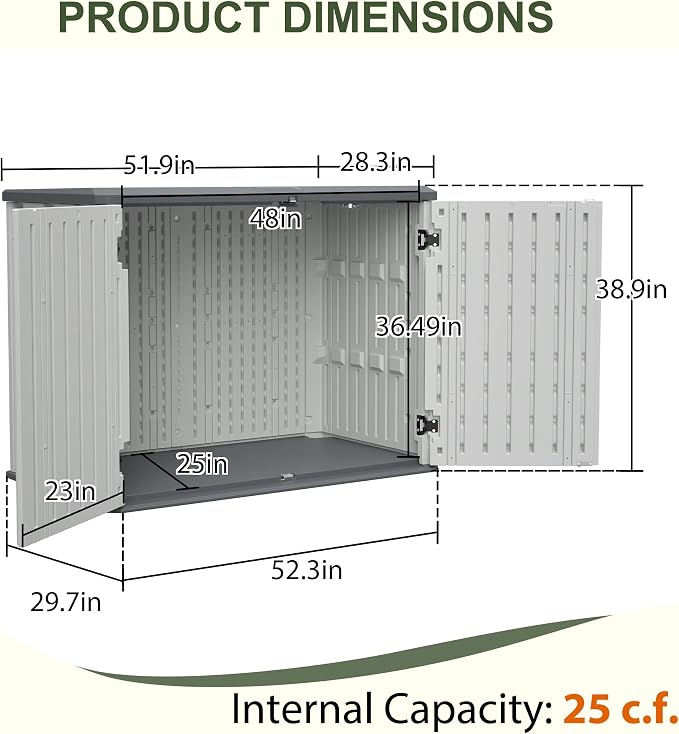 Large Outdoor Deck Box and Horizontal Storage Shed, 28 Cubic Feet Weather Resistant Resin Cabinet for Patio Cushions and Garden Tools, Lockable White Storage Unit, 52.3 x 29.7 x 38.9 Inches
