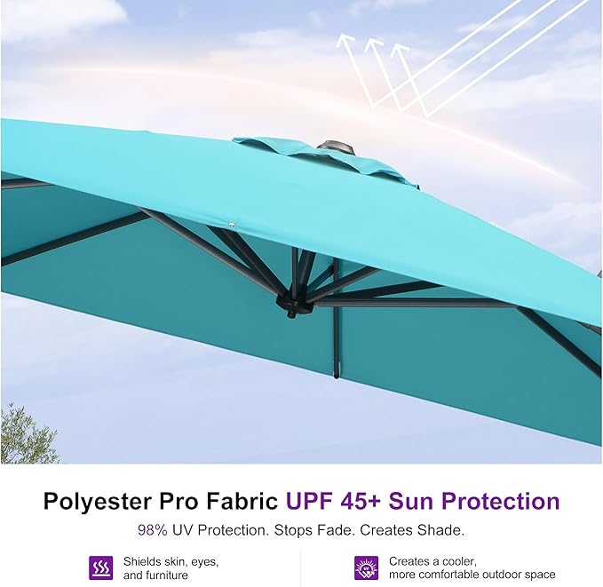 PURPLE LEAF 10' X 13' Patio Umbrella Outdoor Cantilever Rectangle Umbrella Aluminum Offset Umbrella with 360-degree Rotation for Garden Deck Pool Patio, Turquoise Blue