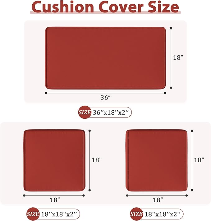 3 Pack Outdoor Patio Seat Cushions Replacement Covers Fit for 4 Pieces 4-Seater Wicker Rattan Patio Conversation Set Loveseat Chair Couch Furniture,36x18x2,18x18x2-Cover Only