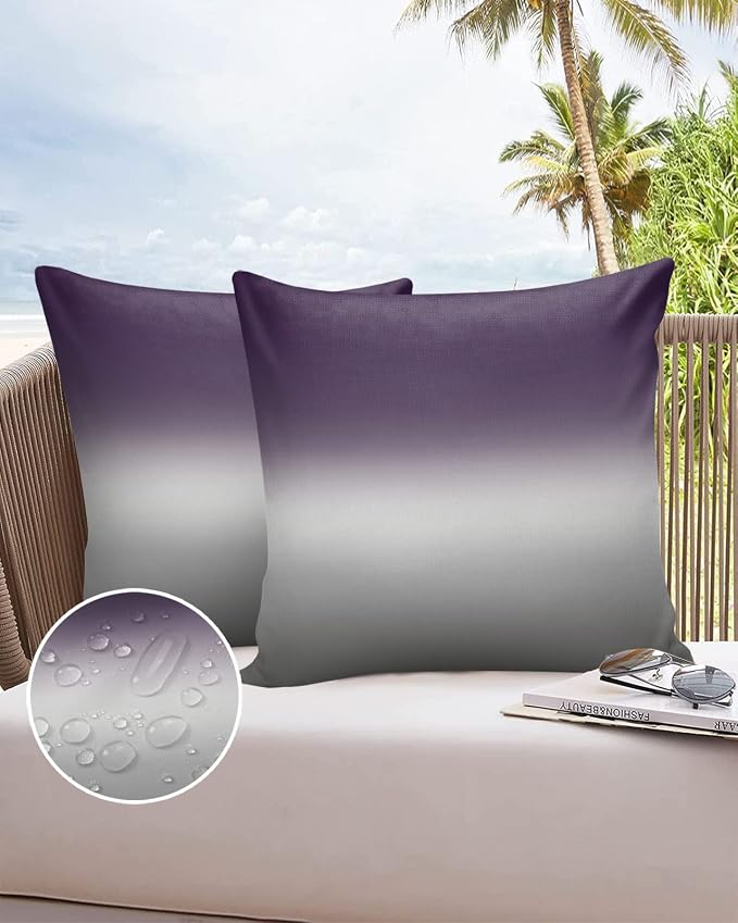 Outdoor Waterproof Throw Pillow Covers Set of 2 Purple Grey Ombre Pillowcases 16x16 Inches Gradient Gradual Color Patio Decorative Pillows Cushion Case Patio Pillows for Couch Bed Chair Garden