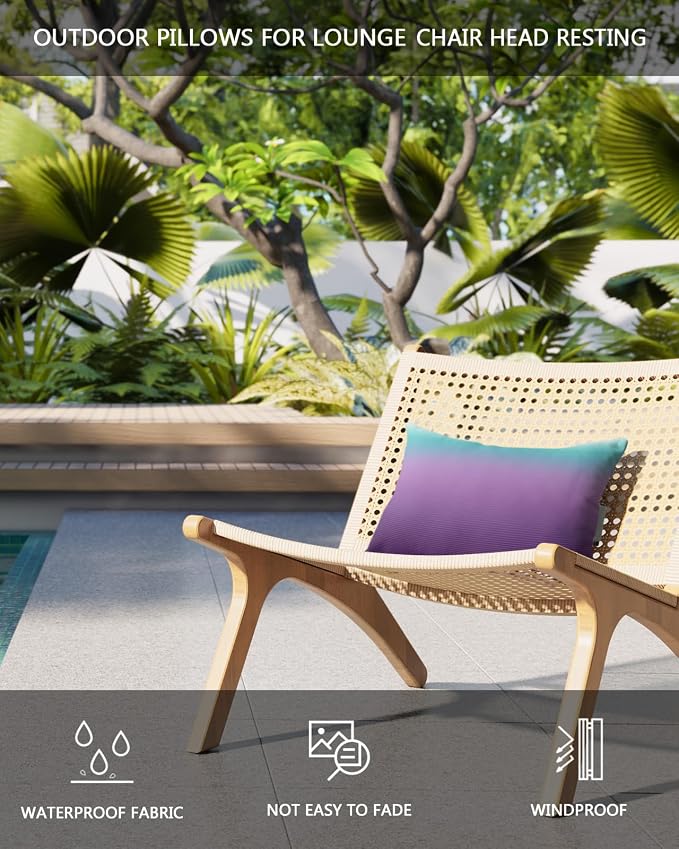 Outdoor Pillows Covers with Inserts Teal Turquoise Purple Ombre Stripe Line Gradient Waterproof Pillow with Adjustable Strap Throw Pillows for Patio Furniture Pool Lounge Chair, 12x20 Inch, 1PCS