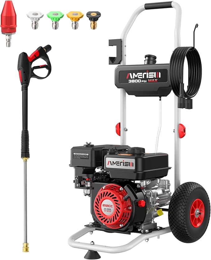 AMERISUN Gas Pressure Washer 3800 PSI 2.5 GPM, 212CC 4-Stroke OHV Engine Gas Powered Pressure Washer, 10’’ High Wheels 5 Nozzle Set Include Soap Tank for Cars Fences Driveways Patios Furniture Home