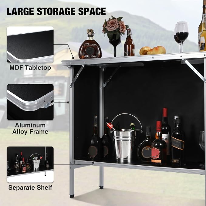 REDCAMP Portable Double Bar Table with Multi-Color LED Lights, Pop Up Folding Mobile Bar Bartender Station Podium Table for Events, Party, Camping, Tradeshow, Exhibition, Easy Setup, Black,43"x33"x15"