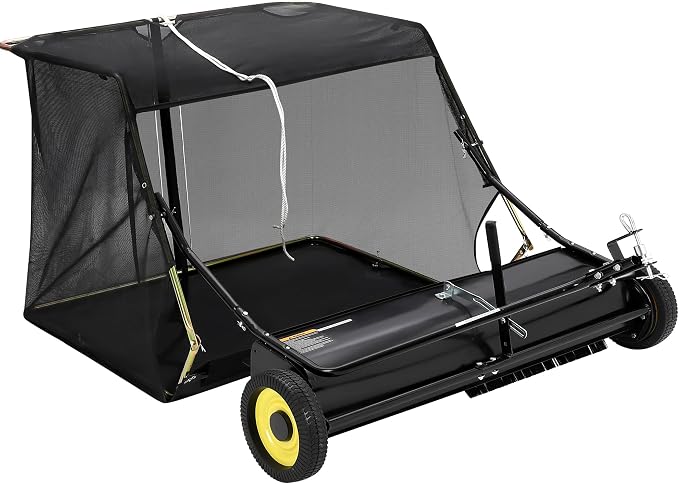 Tow Behind Lawn Sweeper, 44" Pull Behind Collector – Large Capacity Leaf & Grass Collector with Adjustable Height, Dumping Rope Design for Debris and Lawn Clippings