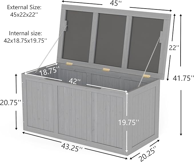 67 Gallon Outdoor Wooden Deck Box Solid Wood Storage Box Seat Table Top for Patio Furniture Cushions, Pool Toys Garden Tools