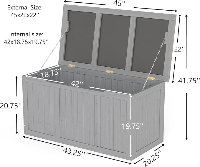 CIATRE 67-Gallon Outdoor Wooden Deck Box – Solid Wood Storage Bench with Seat & Table Top, Weather-Resistant Patio Cushion & Pool Toy Organizer -Grey