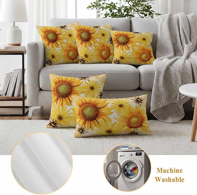 Outdoor Throw Pillow Covers,Farmhouse Sunflower Bee on Linen Waterproof Decorative Pillowcases Cushion Cover Retro Pastoral Yellow Flower Pillow Cases for Patio Couch Sofa Bed,20x20in Set of 2