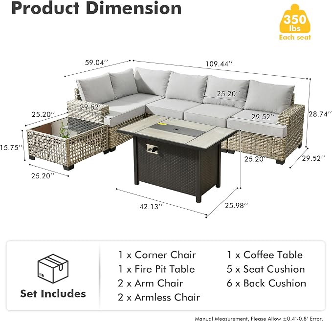 7 Pcs Outdoor Sectional Patio Furniture Set with Fire Pit Table - All Weather Wicker Modular L Shaped Outside Sectional Couch,Patio Seating Outdoor Conversation Sets for Deck Yard Garden,Grey