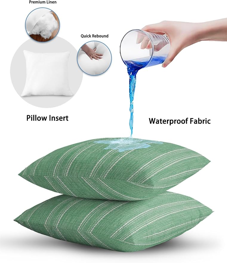 Vandarllin Waterproof Outdoor Pillow 1 Pack Sage Green Linen Stripes Decorative Throw Pillows Cover & Insert 16x16 Inch Pillowcase Parallel Vertical Lines Pillows for Couch Sofa Bed Patio Furniture
