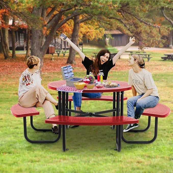 Coated Steel Heavy Duty Picnic Table for Outdoors 3200 lbs Load, Round Camping Table with 1.78" Umbrella Hole, Commercial Picnic Table with Benches, Red
