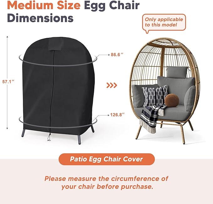 SUNCREAT Lawn Egg Chair Cover, Patio Furniture Cover for Indoor Outdoor Lounger, Medium Size, Black