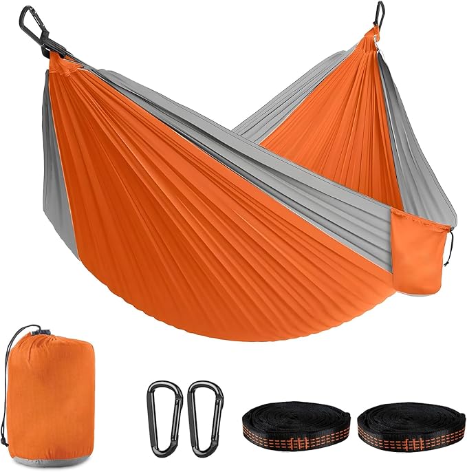 PeakPursuit Camping Double Hammock, Portable Hammock with Tree Straps, Tree Hammocks, Perfect for Outside Indoor Hiking Beach Backpack Travel, Orange