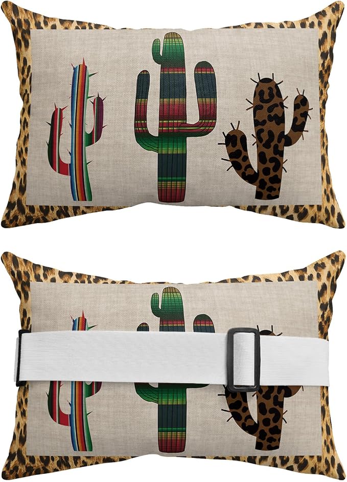 Outdoor Pillows Covers with Inserts Mexico Cactus Leopard Print Background Waterproof Recliner Pillow with Adjustable Strap Throw Pillows for Patio Furniture Pool Lounge Chair, 11x16 inch, 1PCS
