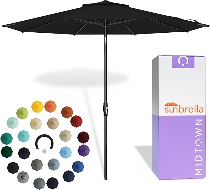 Midtown Umbrellas 10 Feet Aluminum Patio Umbrella With Fiberglass Ribs In Sunbrella Black - Auto-Tilt And 360 Degrees Swivel For Optimal Shade