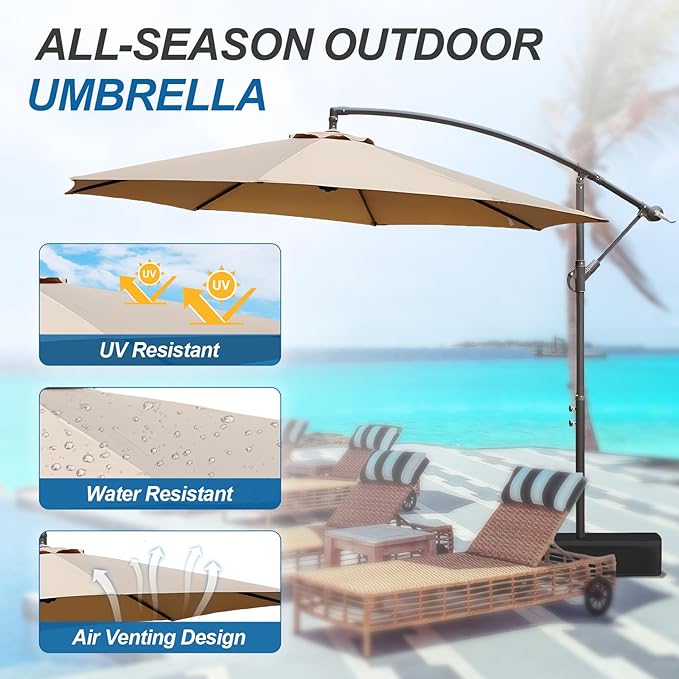 BPS 10ft Patio Umbrella with Base Included, Outdoor Offset Cantilever Umbrella with Easy Tilt Adjustment, UV-Blocking Polyester Shade, 8 Ribs for Backyard, Poolside, Lawn and Garden