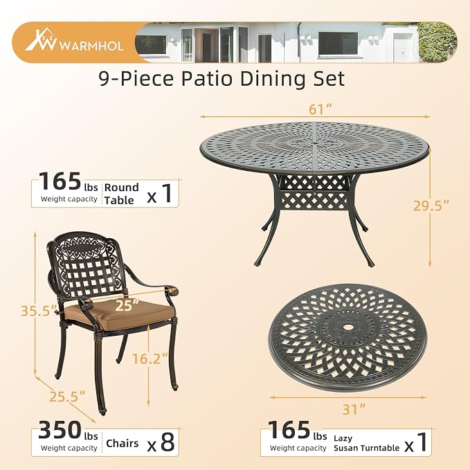 9-Piece Patio Furniture Dining Set, All Weather Cast Aluminum Outdoor Conversation Set- 61" Round Patio Dining Table with Detachable Lazy Susan & 8 Chairs, 2" Umbrella Hole, Khaki