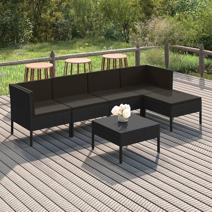 6 Piece Patio Lounge Set with Cushions,Patio Sofa,Outdoor Daybed,Outdoor Furniture Sets,Patio Seating,Patio Conversation Sets,Modern Set,Patio Furniture Set,Front Porch Furniture, Poly Rattan Black