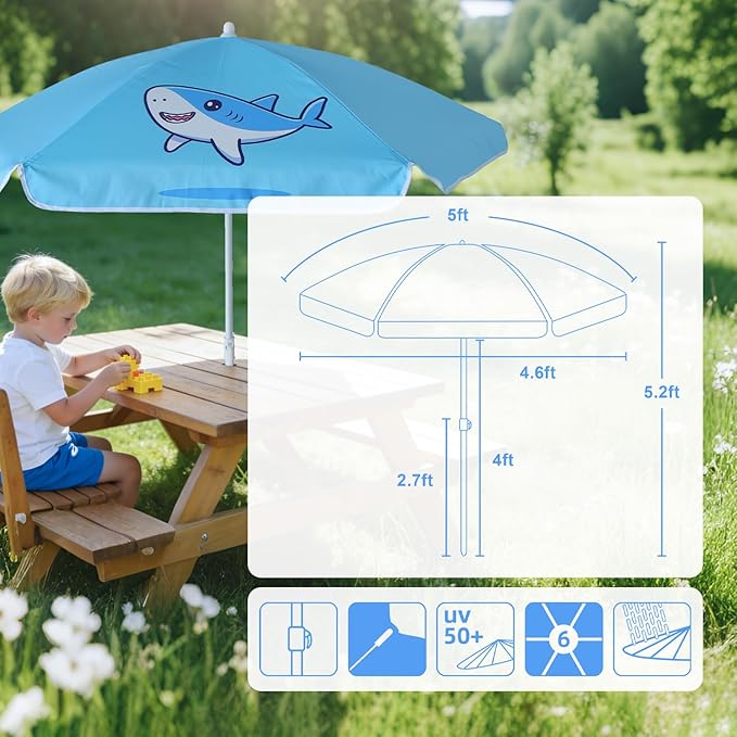 AMMSUN 5ft Seaside Umbrella for Sand Box Water Table - Kids Durable Umbrellas for children Picnic Beach Camping Garden Outdoor Play Shade (5ft Light Blue Shark)