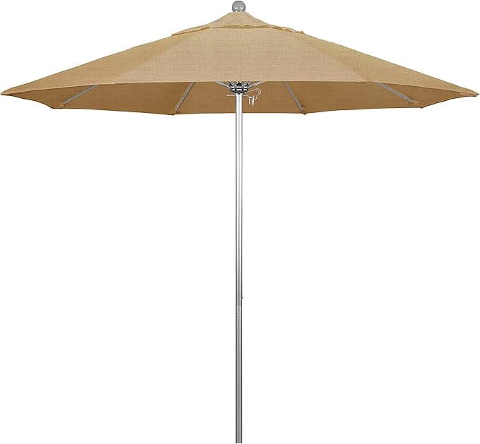 California Umbrella 9' Round Aluminum/Fiberglass Umbrella, Push Open, Silver Pole, Sunbrella Linen Sesame