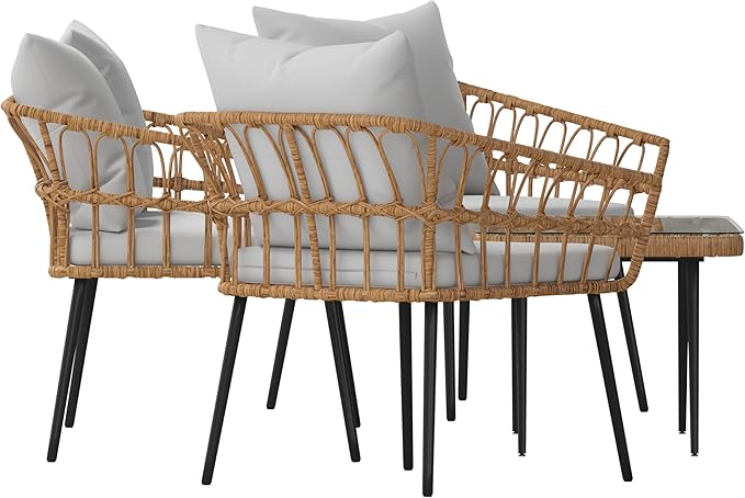 Flash Furniture Evin Boho 4 Piece Patio Conversation Set - Natural Rope Rattan - Gray All-Weather Cushions - Tempered Glass Top Coffee Table - Indoor/Outdoor
