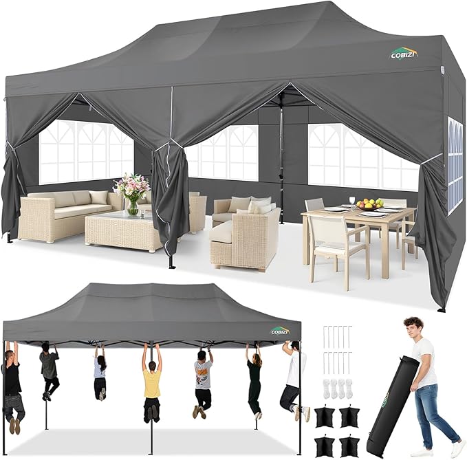 COBIZI 10x20 Pop up Canopy Tent Heavy Duty with 6 Sidewalls, Easy Set-up Commercial Outdoor Party Tents, 100% Waterproof Wedding Gazebo, 3 Height Adjustable with Wheeled Bag,Gray
