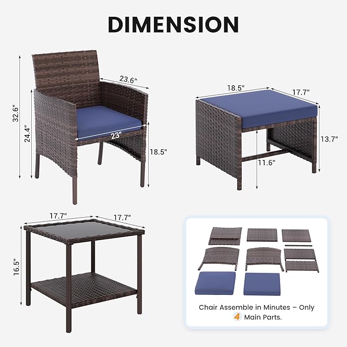UDPATIO Outdoor Furniture Patio Chairs with Ottoman, Ideal for Balcony, Porch, 5 Piece Patio Furniture Set with Side Table for Deck, Apartment