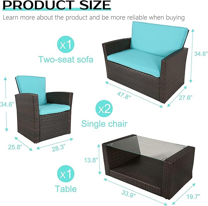 PayLessHere 4 Pieces Patio Conversation Set, Outdoor PE Rattan Wicker Sofa Furniture Set with Soft Cushions and Glass Coffee Table for Backyard Lawn Garden Balcony Porch Poolside (Blue)