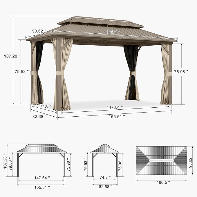 PURPLE LEAF 8' x 14' Outdoor Hardtop Gazebo, Champagne Aluminum Gazebo with Galvanized Steel Double Roof, Curtains and Netting for Patio Lawn and Garden