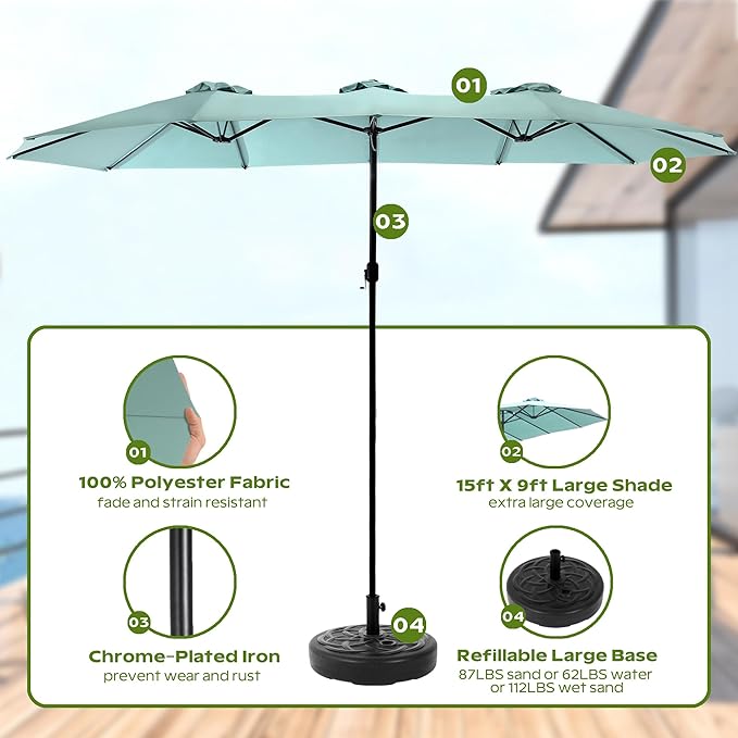15ft Umbrella Outdoor Patio - Double-Sided Large Market Rectangle Umbrellas with Crank Handle for Patio Garden Yard Pool (No Base)