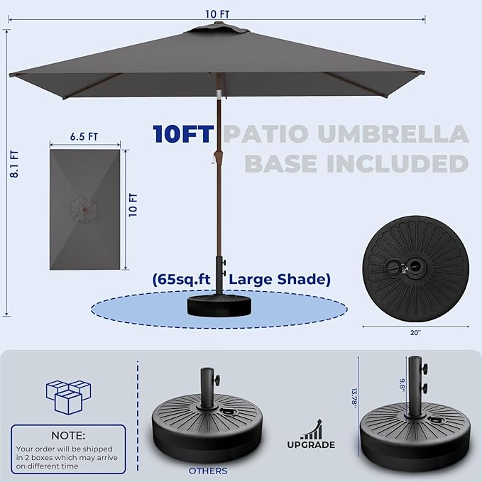 BRIOPAWS 6.5X10 FT Rectangular Patio Umbrella with Base Included | Rectangle Outdoor Umbrellas | 6 Sturdy Steel Ribs | Push Button Tilt & Crank | Heavy Duty for Garden Lawn Deck Backyard Pool |