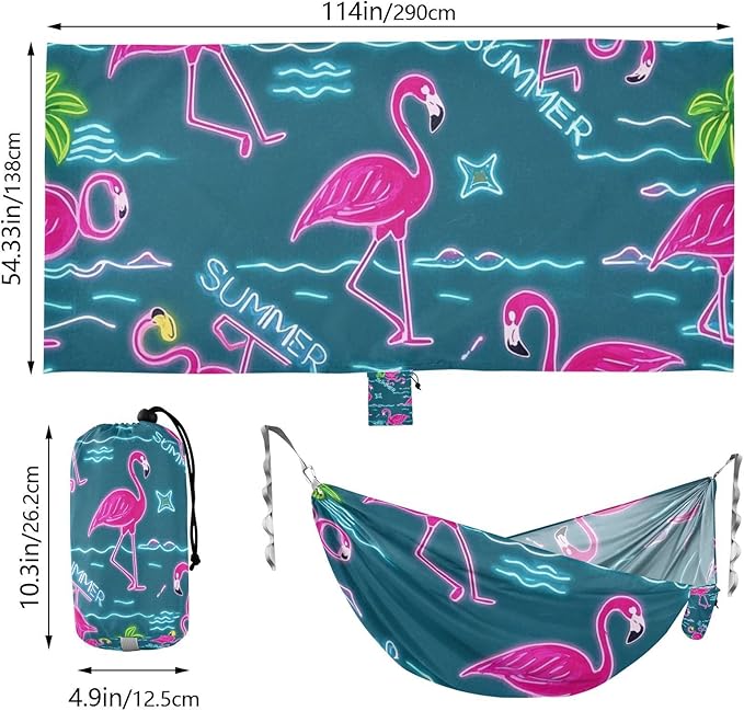 Summer Neon Flamingo Coconut Tree Blue 330lb Capacity Camping Hammock Indoor Hammock for Patio Backyard Lounge Base accesorios para campamento