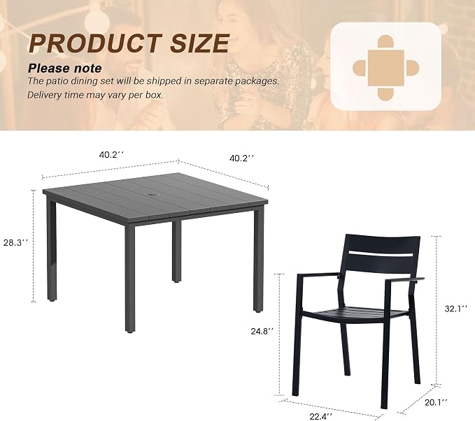 VICLLAX Patio 5 Pieces Outdoor Dining Set for 4, Wrought Iron Metal Outdoor Table and Chairs Set, 40" Square Table with Umbrella Hole and 4 Stackable Chairs for Lawn, Garden, Porch, Dark Grey/Black
