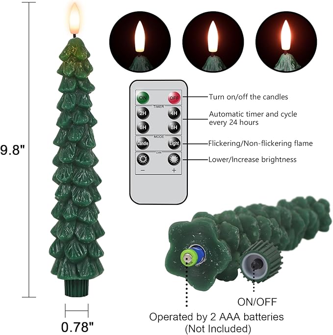 DRomance Christmas Tree Flameless Taper Candles Battery Operated with 10-Key Remote and Timer Real Wax LED Taper Candles 3D Wick Flickering Lifelike Leaves Dinner Xmas Holiday Decoration Set of 4