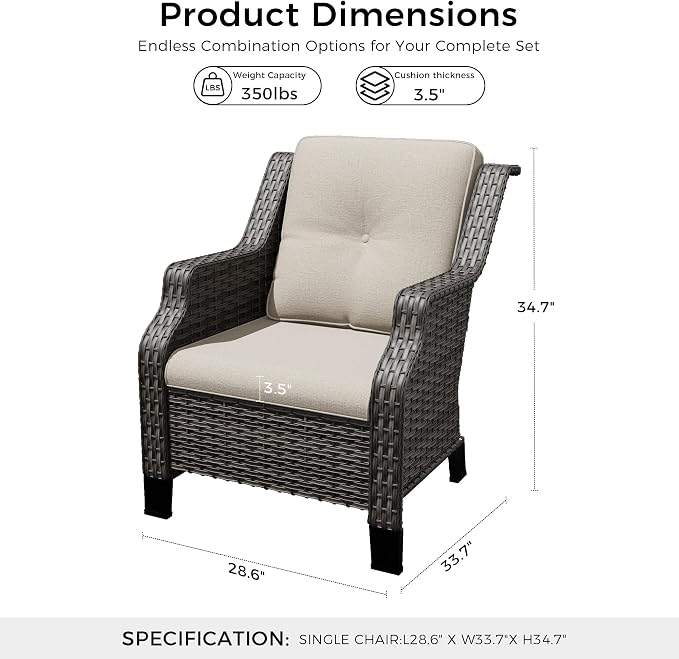 Outdoor Patio Chairs Set of 4, Wicker Patio Furniture with Thick Cushions, Curved Armrest, Deep Seating, Rattan Outdoor Chairs for Porch, Deck, Balcony