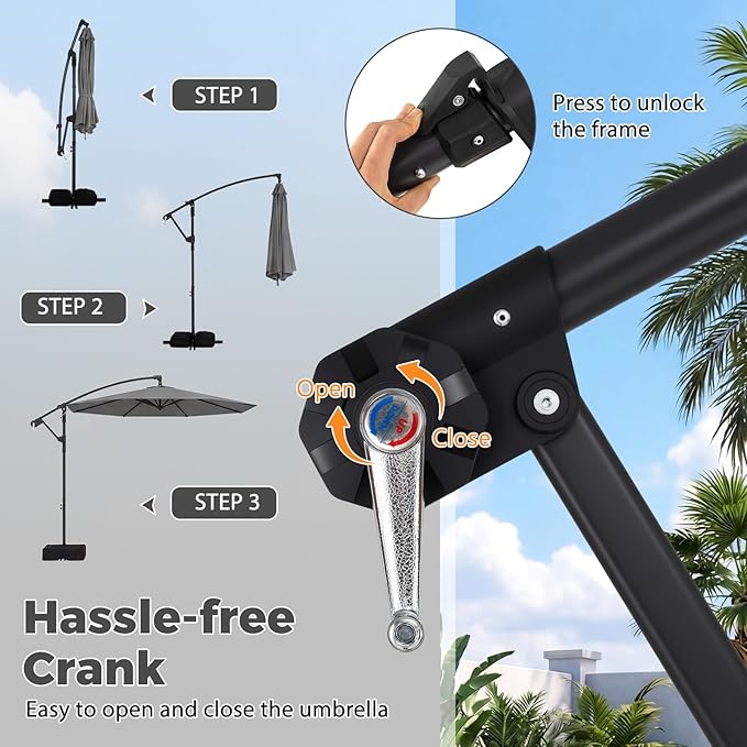 Tangkula 10ft Patio Umbrella with Base Included, Offset Cantilever Outdoor Umbrella with 360 Degree Rotation, 2 Sandbags, Crank Handle for Pool Deck Garden Backyard
