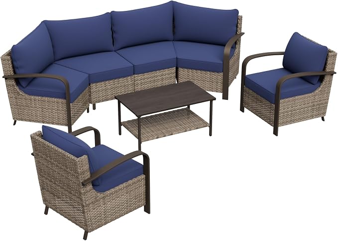 COOS BAY Aurora Terrace 6 Piece Outdoor Sectional Furniture Set, Half Moon Rattan Wicker Conversation Set with Patio Chairs, 4 Seat Sofa & Coffee Table for Patio Garden Yard, Beige/Blue