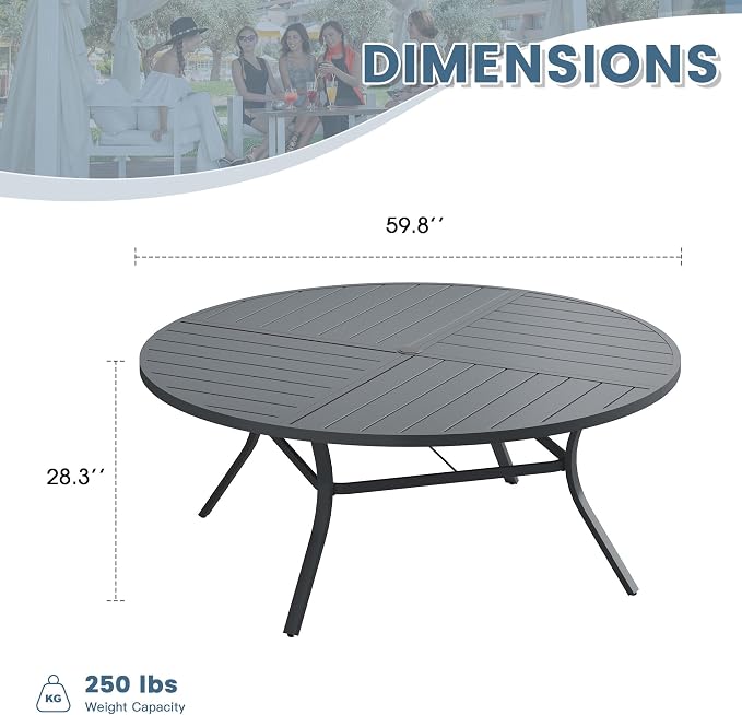 DIFY 59.8" Round Outdoor Patio Dining Table for 8-10, All-Weather Metal Steel Slatted Patio Table with 1.57" Adjustable Umbrella Hole for Garden, Backyard, Deck, Grey