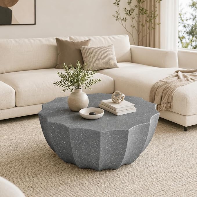 35.43" Concrete OutdoorTable,Modern Round Outdoor Coffee Table,Waterproof Stone Coffee Table for Patio for Terraces, Gardens, Backyards and Living Rooms (Grey, 35.43")