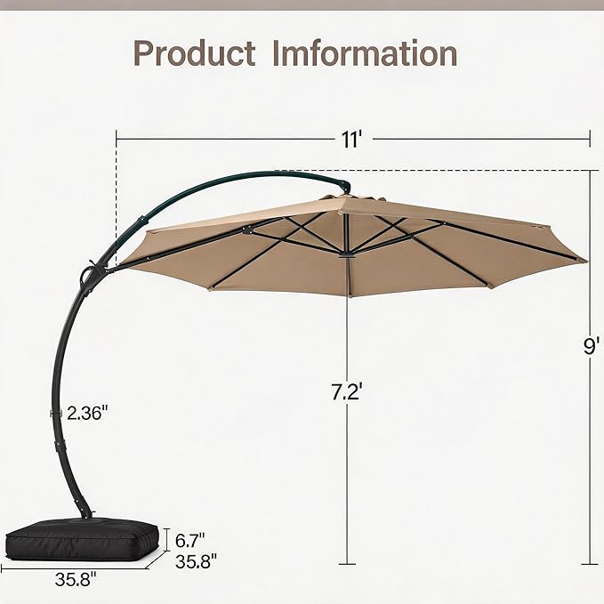 LAUSAINT HOME 11ft Patio Cantilever Umbrella with Base Included, Outdoor Curvy Round Offset Umbrella, Heavy Duty Aluminum, 360° Rotation for Pool, Deck, Lawn, Backyard (Beige)