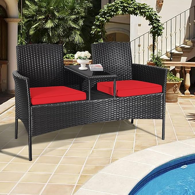Outdoor Love Seat Wicker Patio Conversation Set, Rattan Outdoor Furniture Set with Cushion & Built-in Coffee Table, Patio Couch Outdoor Bench for Garden, Lawn, Backyard(Red)