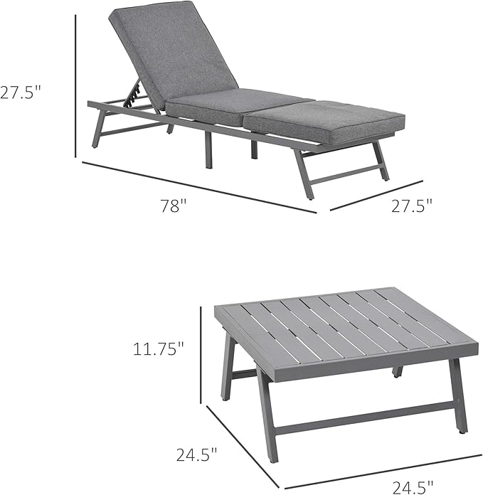 Outsunny 3 Pieces Patio Sofa Furniture Set, 2 Convertible Couch Chaise Lounge Chairs, 1 Coffee Table, Throw Pillows, Water-Repellent Cushions, Grey