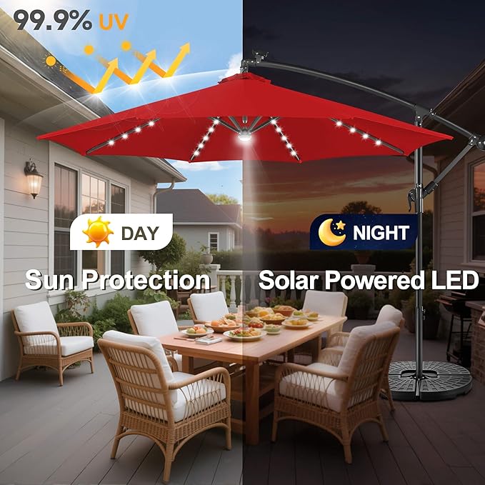 Solar Offset Patio Umbrella - 10 FT Solar Cantilever Umbrella Outdoor with 40 LED Lights and Cross Base, UV Protection for Garden, Deck, Backyard, Pool, Porch, Red