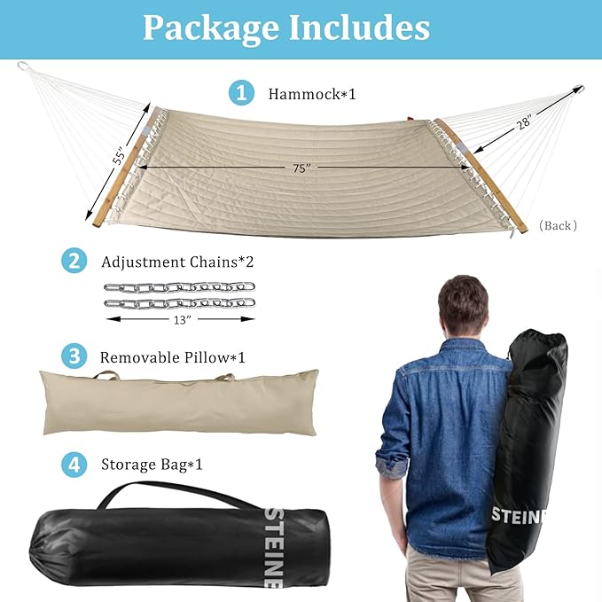 Double Hammock, 11 FT Quilted Fabric 2 Person Hammock for Outside with Pillow, Folding Curved Spreader Bar, Chains, Carrying Bag, Indoor Outdoor, 450 IB Capacity, BlueLeaves