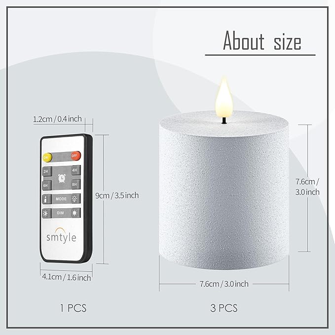 smtyle Silver Flameless LED Candles with Remote, 3"x3" Plastic Pillar Candles, Realistic Flickering Battery Operated Set of 3, Timer Function for Home, Wedding, Party, Holiday Decor